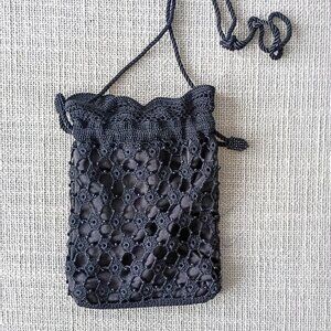 Knitted Lace Black Drawstring Pouch with beads Small Evening Purse Elegant | NEW